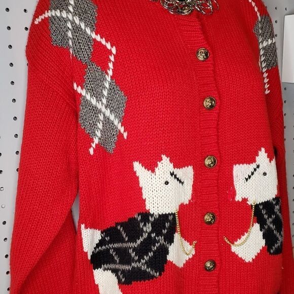 Vintage Scotties in Sweaters with Chains Argygle Button Up Cardigan Sweater Sz M - Picture 2 of 5